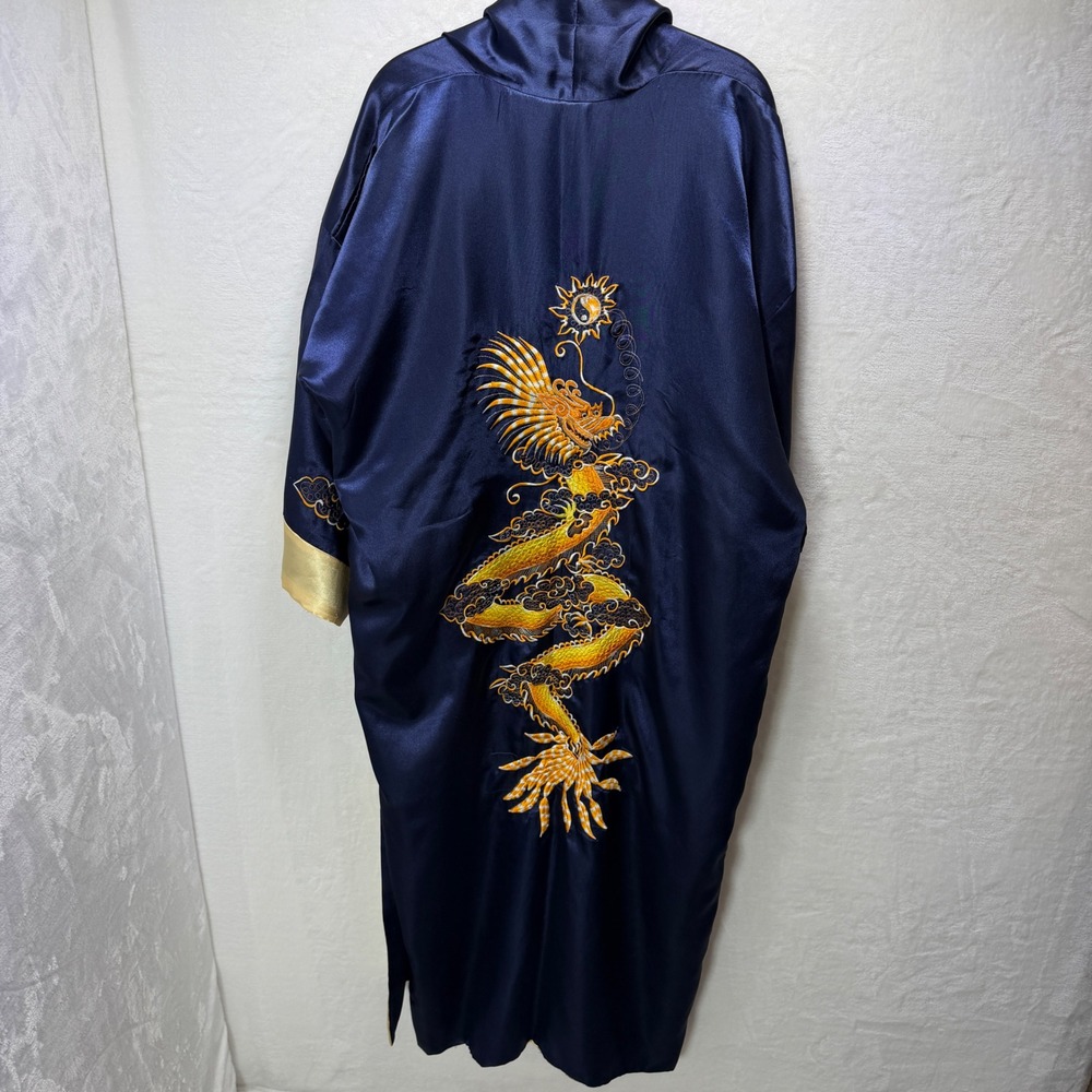 Navy Blue Gold Dragon Embroidered Satin Kimono Robe Asian Motif Reversible - Picture 6 of 15